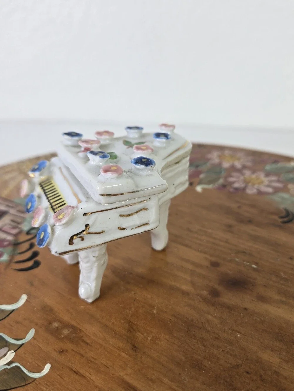 VTG Porcelain Piano Trinket Box Hand Painted Floral Japan Miniature Jewelry Doll